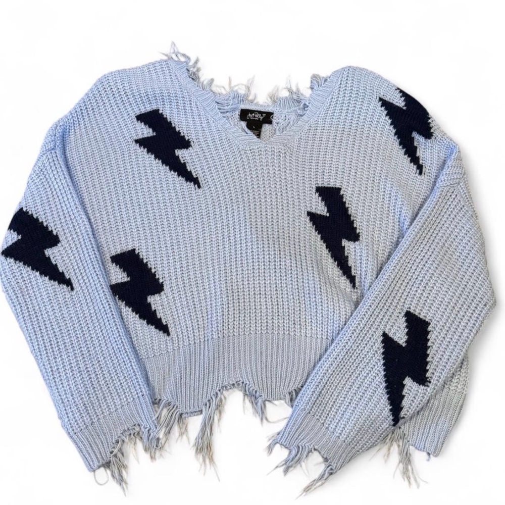 Just Polly V-Neck Sweater in Light Blue with Black Accents